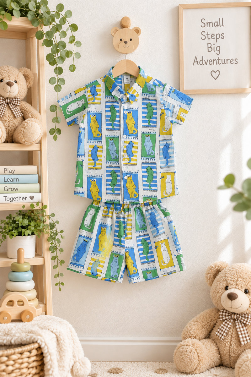 Cool Cat Baby Boy Short Sleeve Shirt and Shorts Set | 60s Count 100% Cotton Poplin Premium