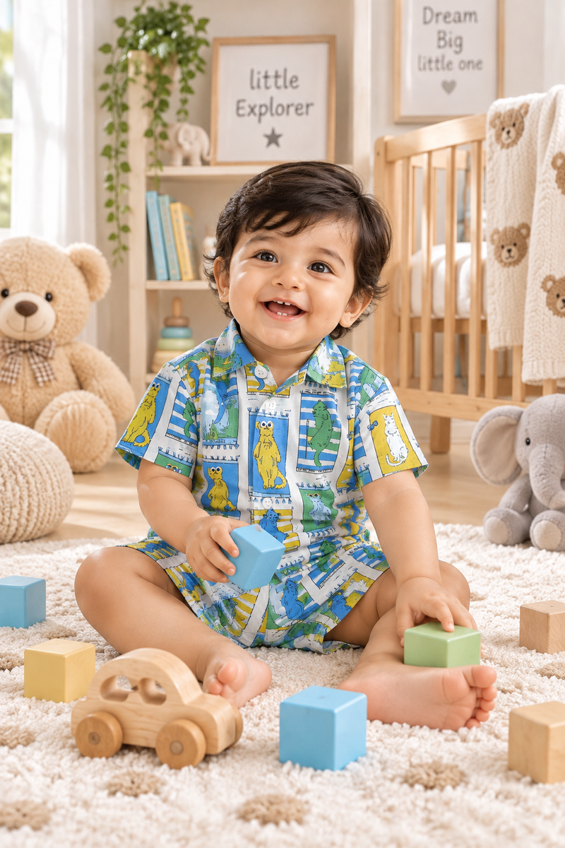 Cool Cat Baby Boy Short Sleeve Shirt and Shorts Set | 60s Count 100% Cotton Poplin Premium