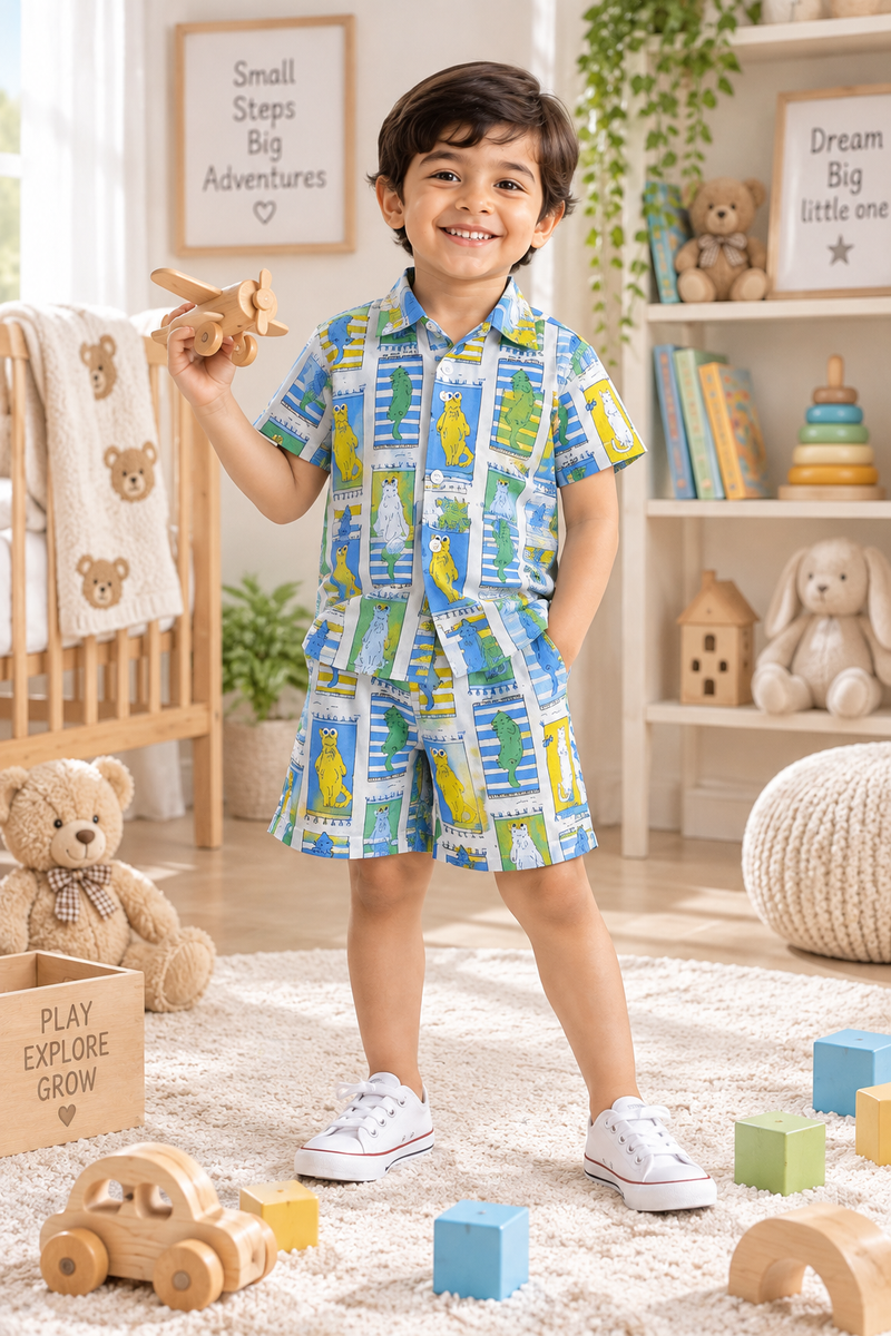 Cool Cat Baby Boy Short Sleeve Shirt and Shorts Set | 60s Count 100% Cotton Poplin Premium