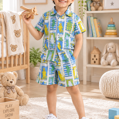 Cool Cat Baby Boy Short Sleeve Shirt and Shorts Set | 60s Count 100% Cotton Poplin Premium