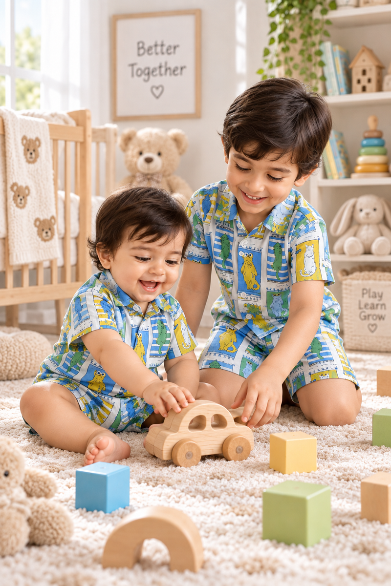 Cool Cat Baby Boy Short Sleeve Shirt and Shorts Set | 60s Count 100% Cotton Poplin Premium