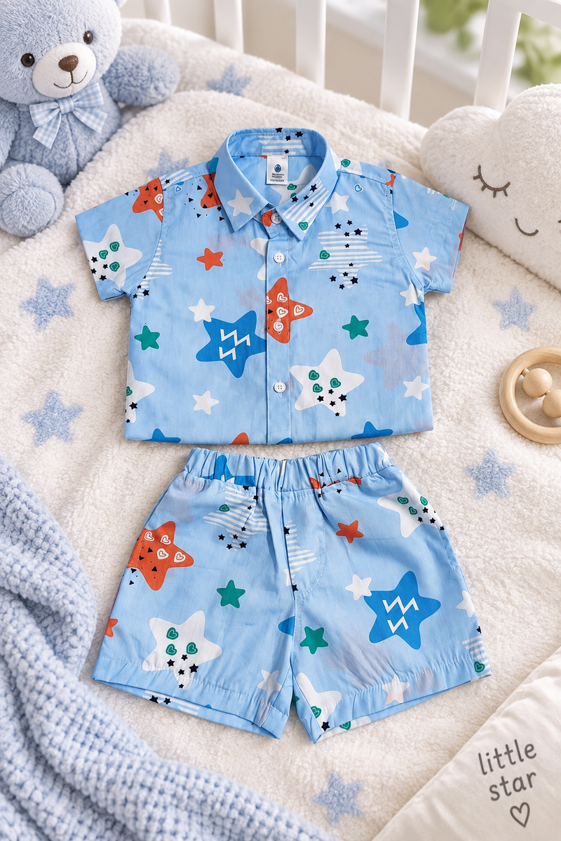 Blue Smiley Star Baby Boy Short Sleeve Shirt and Shorts Set | 60s Count 100% Cotton Poplin Premium
