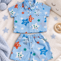Blue Smiley Star Baby Boy Short Sleeve Shirt and Shorts Set | 60s Count 100% Cotton Poplin Premium