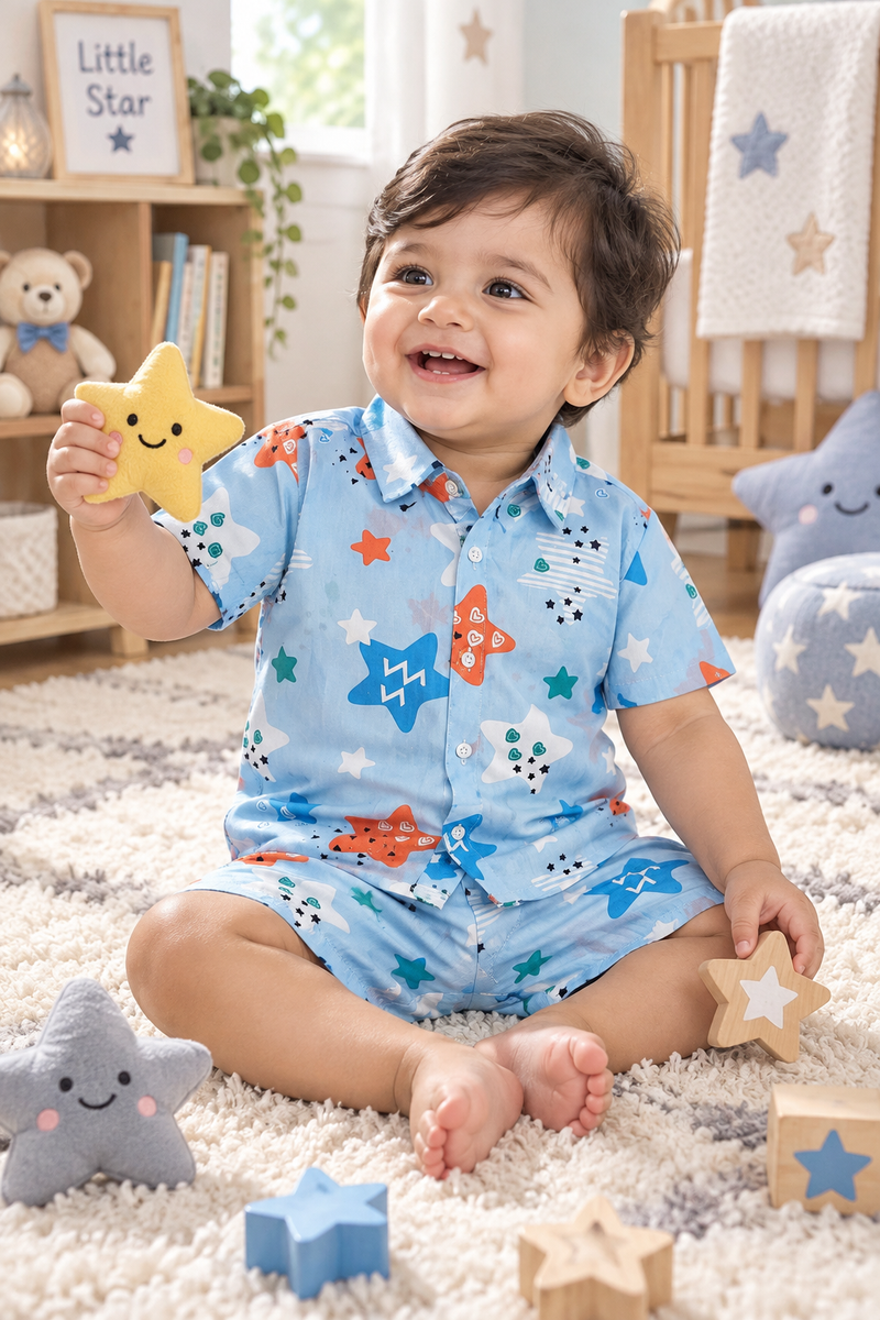 Blue Smiley Star Baby Boy Short Sleeve Shirt and Shorts Set | 60s Count 100% Cotton Poplin Premium