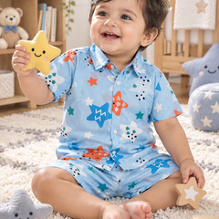 Blue Smiley Star Baby Boy Short Sleeve Shirt and Shorts Set | 60s Count 100% Cotton Poplin Premium