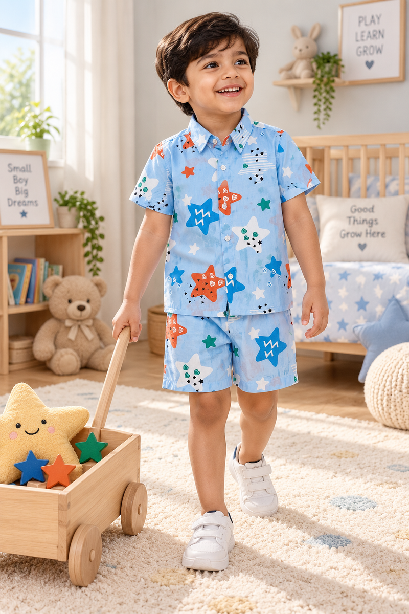 Blue Smiley Star Baby Boy Short Sleeve Shirt and Shorts Set | 60s Count 100% Cotton Poplin Premium