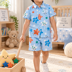 Blue Smiley Star Baby Boy Short Sleeve Shirt and Shorts Set | 60s Count 100% Cotton Poplin Premium