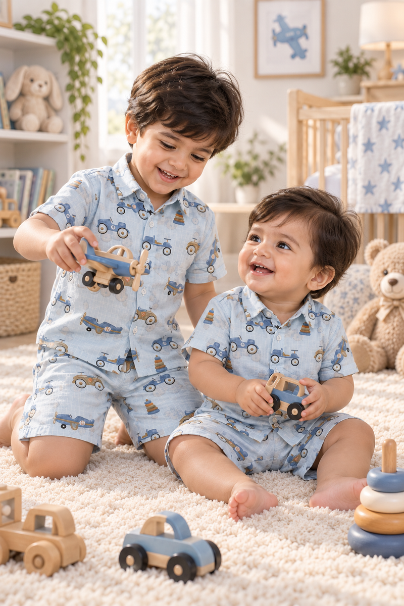 Wheel Party Baby Boy Short Sleeve Shirt and Shorts Set | 60s Count 100% Cotton Poplin Premium