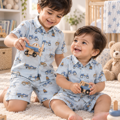 Wheel Party Baby Boy Short Sleeve Shirt and Shorts Set | 60s Count 100% Cotton Poplin Premium