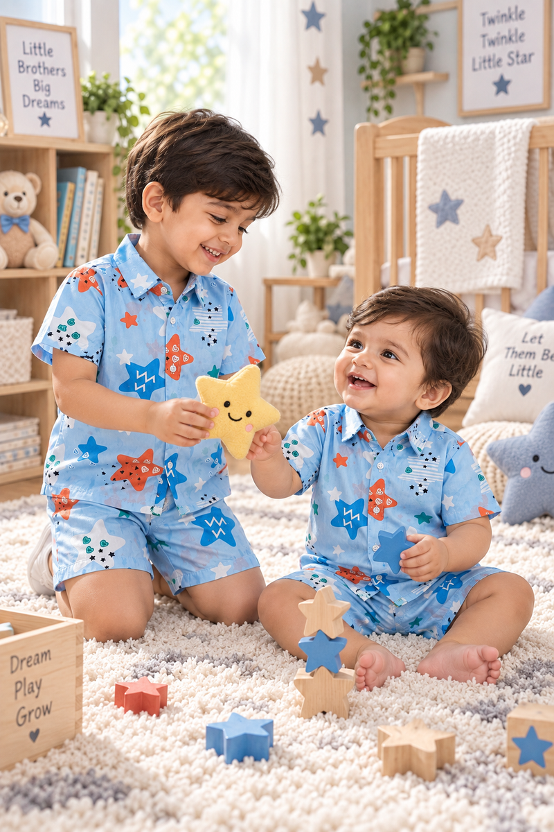 Blue Smiley Star Baby Boy Short Sleeve Shirt and Shorts Set | 60s Count 100% Cotton Poplin Premium