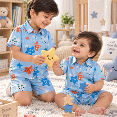 Blue Smiley Star Baby Boy Short Sleeve Shirt and Shorts Set | 60s Count 100% Cotton Poplin Premium