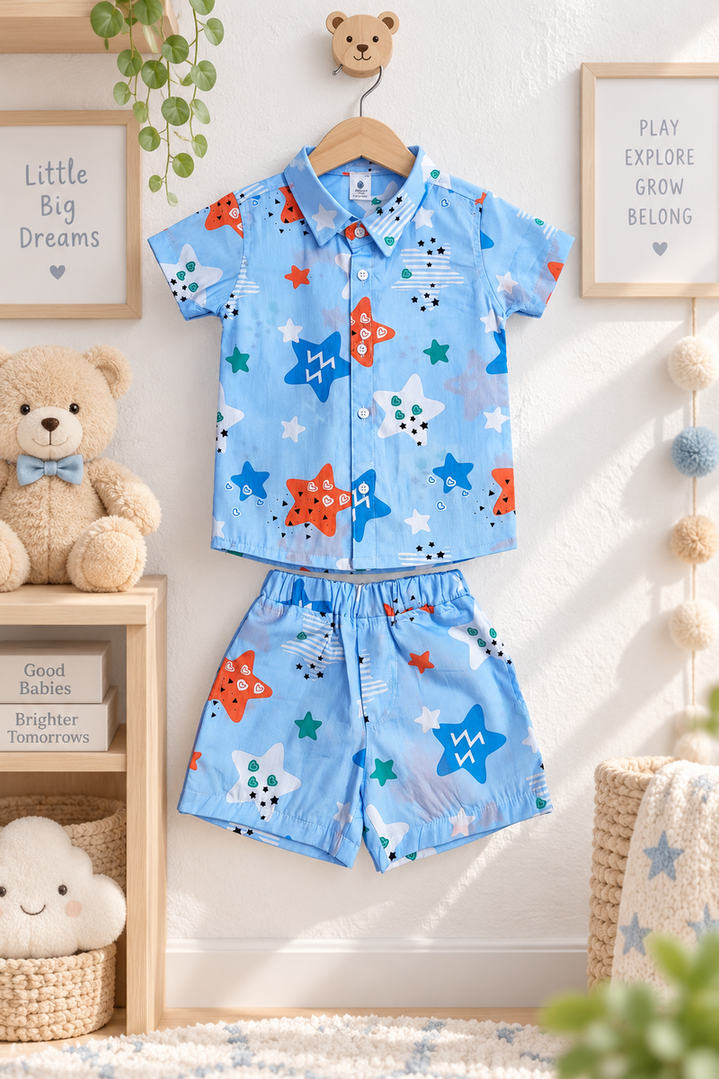 Blue Smiley Star Baby Boy Short Sleeve Shirt and Shorts Set | 60s Count 100% Cotton Poplin Premium