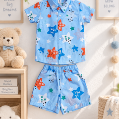 Blue Smiley Star Baby Boy Short Sleeve Shirt and Shorts Set | 60s Count 100% Cotton Poplin Premium