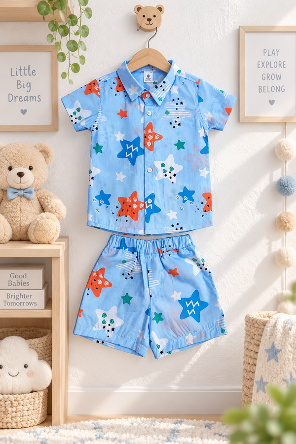 Blue Smiley Star Baby Boy Short Sleeve Shirt and Shorts Set | 60s Count 100% Cotton Poplin Premium