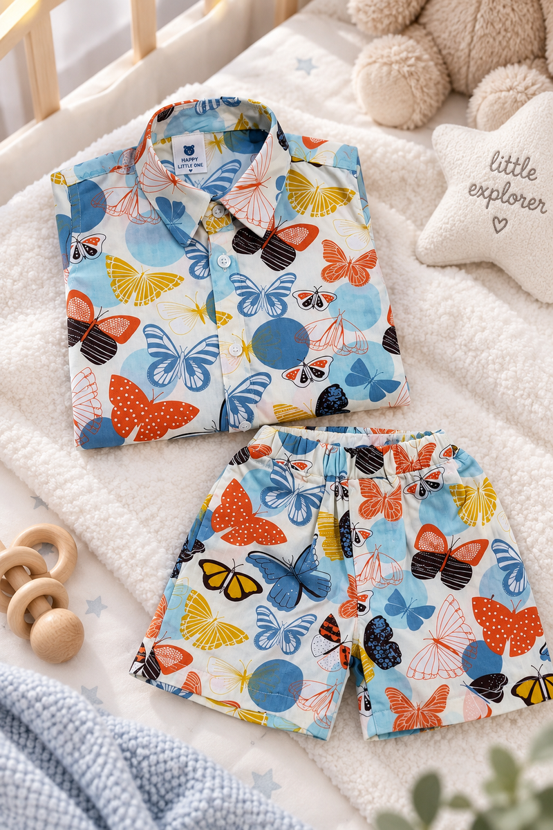 Colorful Butterflies Baby Boy Short Sleeve Shirt and Shorts Set | 60s Count 100% Cotton Poplin Premium