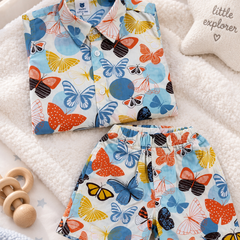 Colorful Butterflies Baby Boy Short Sleeve Shirt and Shorts Set | 60s Count 100% Cotton Poplin Premium