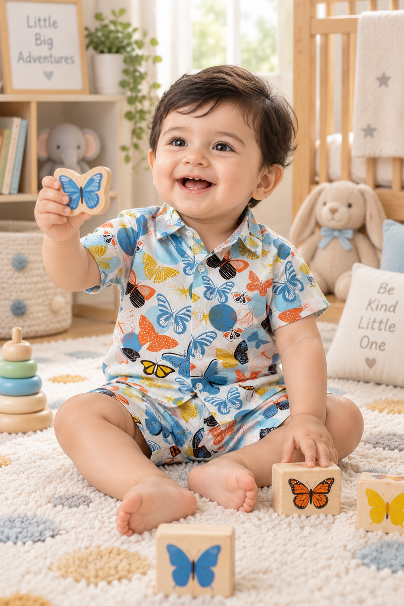 Colorful Butterflies Baby Boy Short Sleeve Shirt and Shorts Set | 60s Count 100% Cotton Poplin Premium