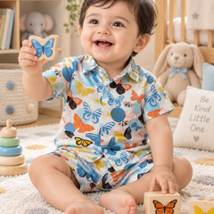 Colorful Butterflies Baby Boy Short Sleeve Shirt and Shorts Set | 60s Count 100% Cotton Poplin Premium