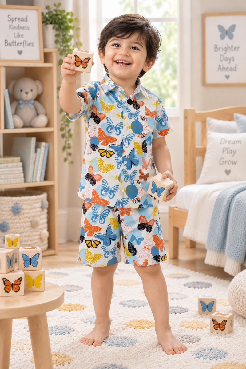 Colorful Butterflies Baby Boy Short Sleeve Shirt and Shorts Set | 60s Count 100% Cotton Poplin Premium