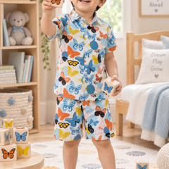 Colorful Butterflies Baby Boy Short Sleeve Shirt and Shorts Set | 60s Count 100% Cotton Poplin Premium