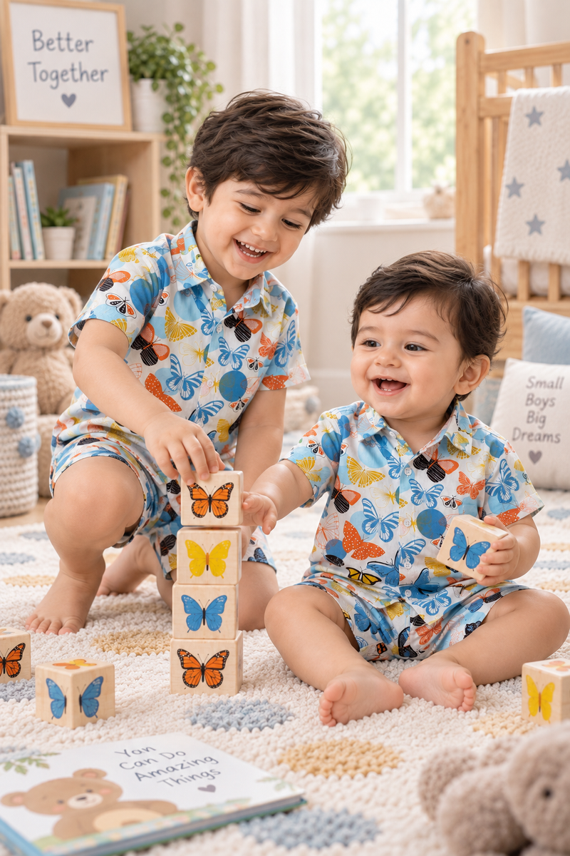 Colorful Butterflies Baby Boy Short Sleeve Shirt and Shorts Set | 60s Count 100% Cotton Poplin Premium