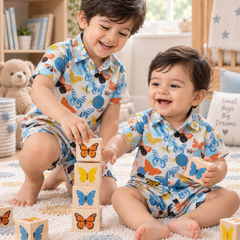 Colorful Butterflies Baby Boy Short Sleeve Shirt and Shorts Set | 60s Count 100% Cotton Poplin Premium