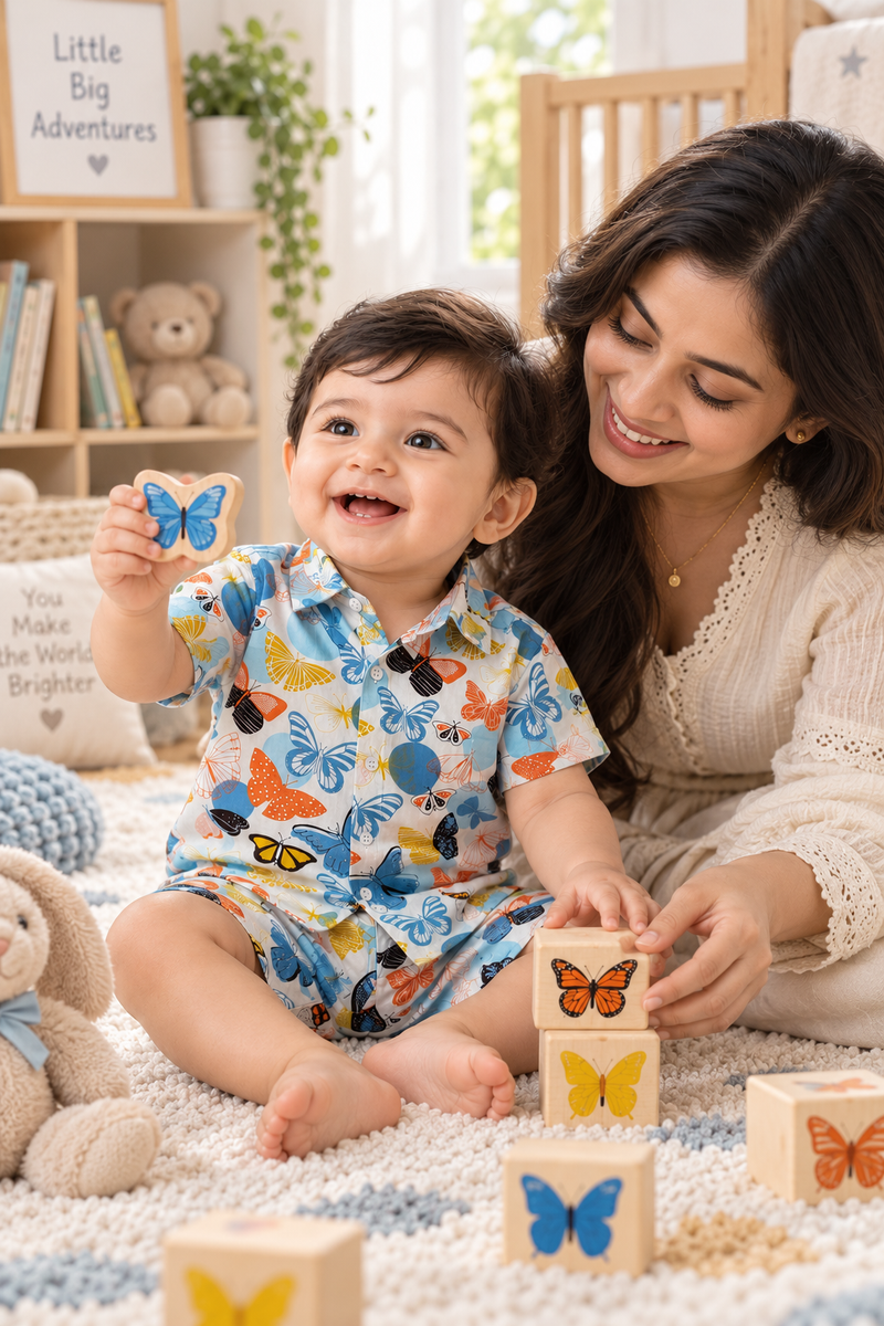 Colorful Butterflies Baby Boy Short Sleeve Shirt and Shorts Set | 60s Count 100% Cotton Poplin Premium