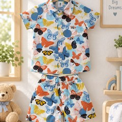 Colorful Butterflies Baby Boy Short Sleeve Shirt and Shorts Set | 60s Count 100% Cotton Poplin Premium