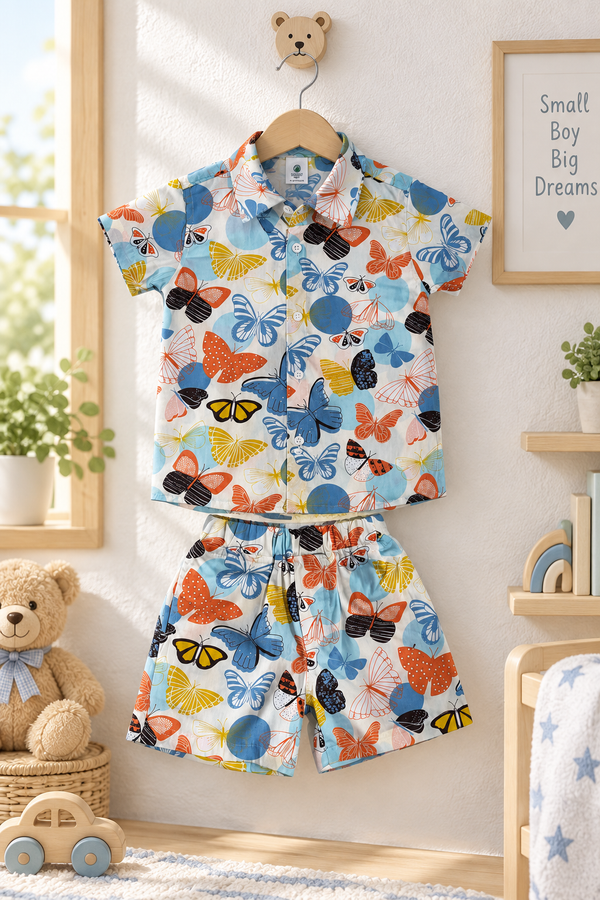 Colorful Butterflies Baby Boy Short Sleeve Shirt and Shorts Set | 60s Count 100% Cotton Poplin Premium