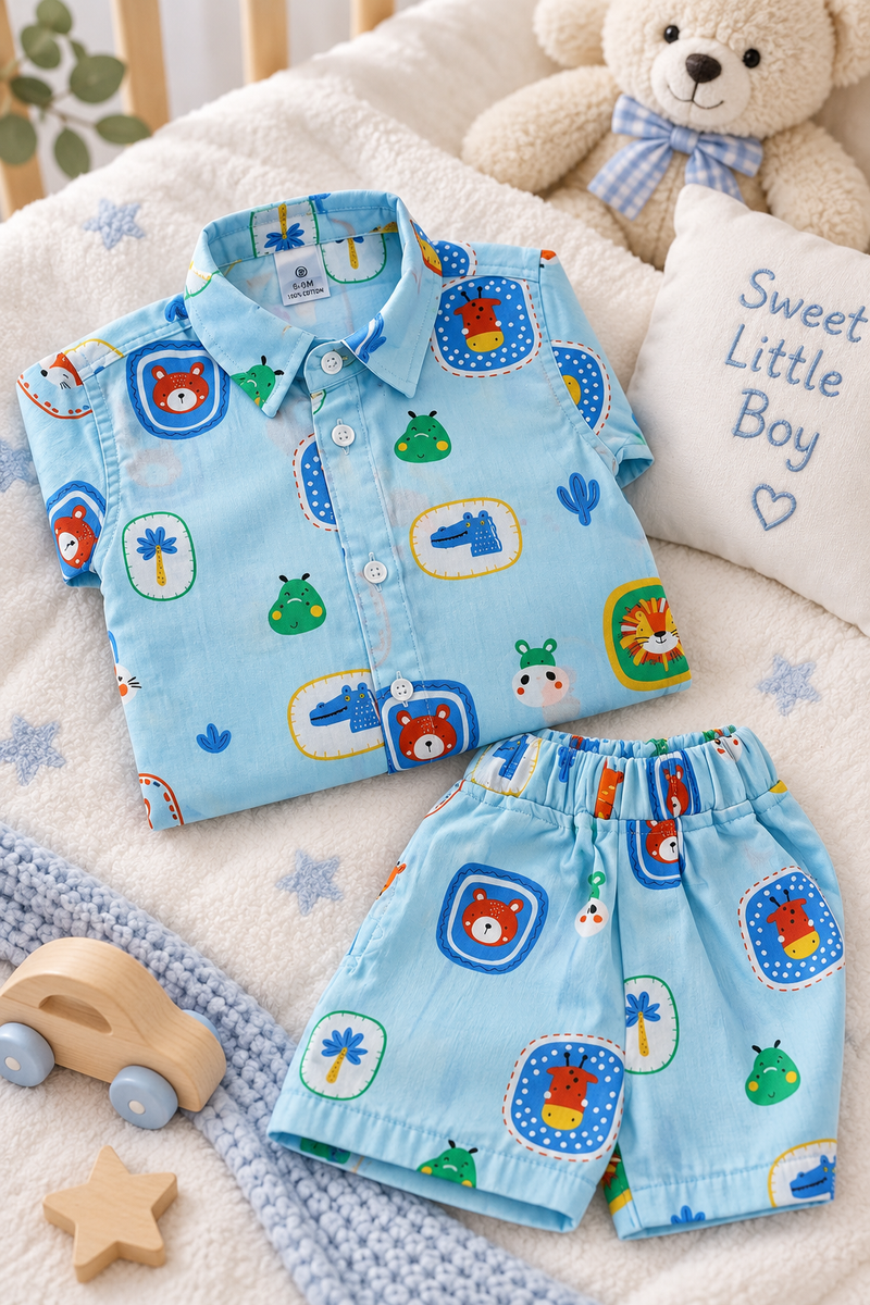 Picture This Baby Boy Short Sleeve Shirt and Shorts Set | 60s Count 100% Cotton Poplin Premium