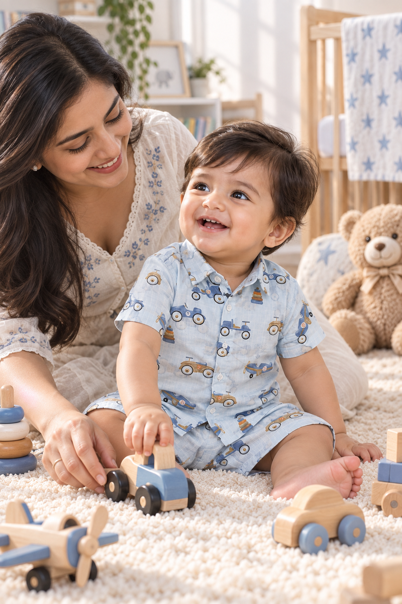Wheel Party Baby Boy Short Sleeve Shirt and Shorts Set | 60s Count 100% Cotton Poplin Premium
