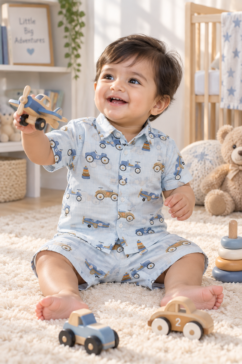 Wheel Party Baby Boy Short Sleeve Shirt and Shorts Set | 60s Count 100% Cotton Poplin Premium
