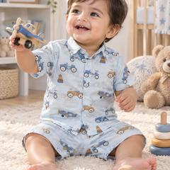 Wheel Party Baby Boy Short Sleeve Shirt and Shorts Set | 60s Count 100% Cotton Poplin Premium