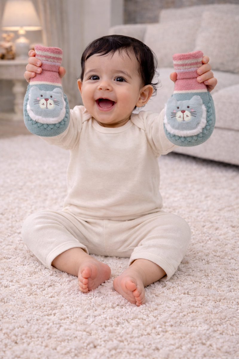 Teal Kitty- Baby Sock Shoes for Infants Babies - 6 to 18 Months