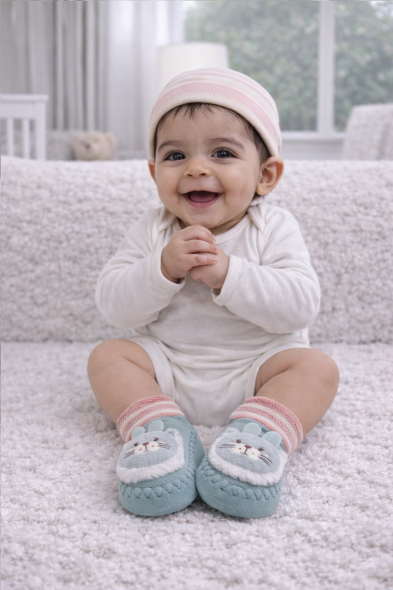 Teal Kitty- Baby Sock Shoes for Infants Babies - 6 to 18 Months