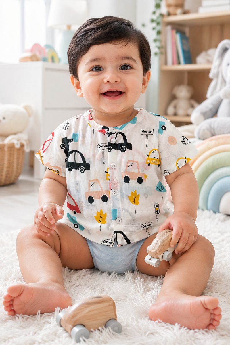 1 Pc Short Sleeve 90 GSM Checkered Muslin Jhabla Vest - Cars