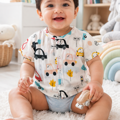 1 Pc Short Sleeve 90 GSM Checkered Muslin Jhabla Vest - Cars