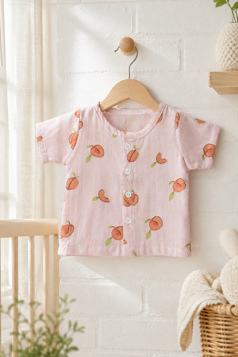 1 Pc Short Sleeve 90 GSM Checkered Muslin Jhabla Vest - Pink Cherry