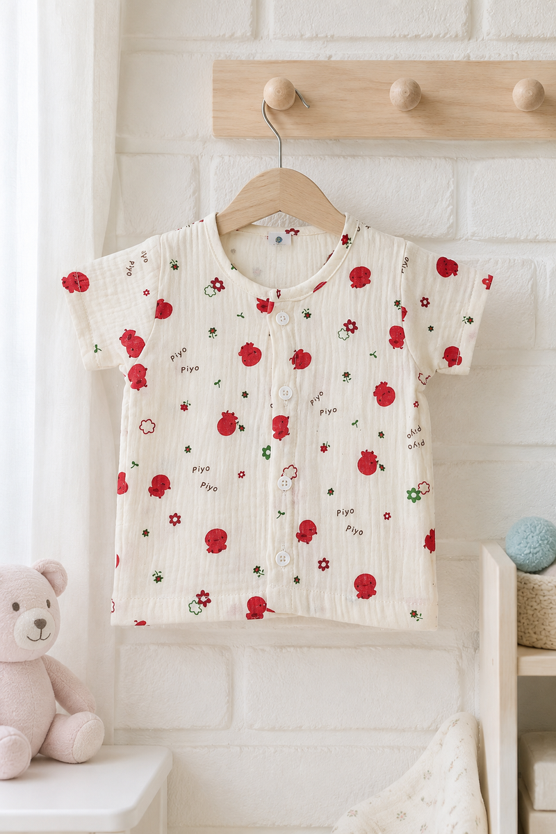 1 Pc Short Sleeve Premium Crinkled Muslin Jhabla Vest - Cherry