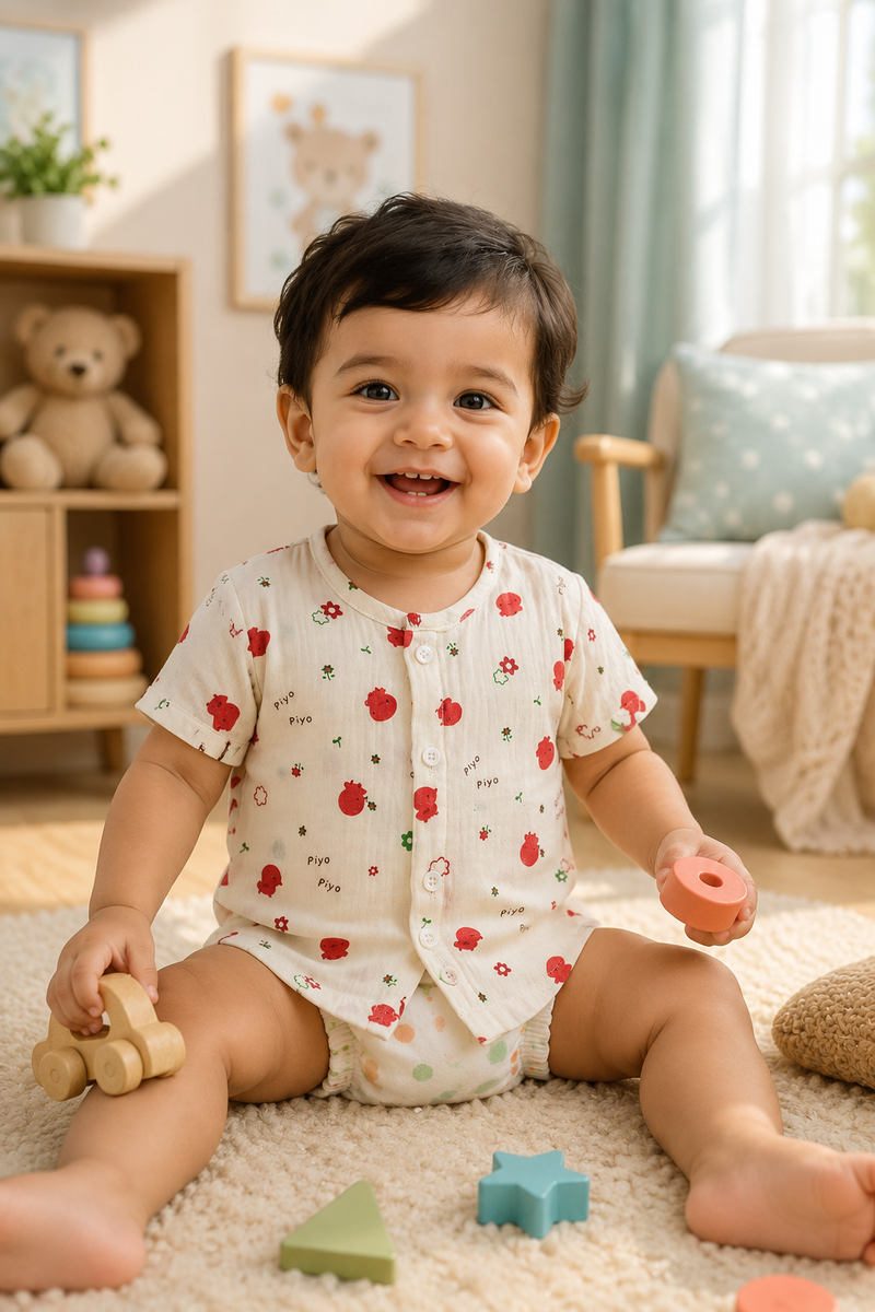 1 Pc Short Sleeve Premium Crinkled Muslin Jhabla Vest - Cherry