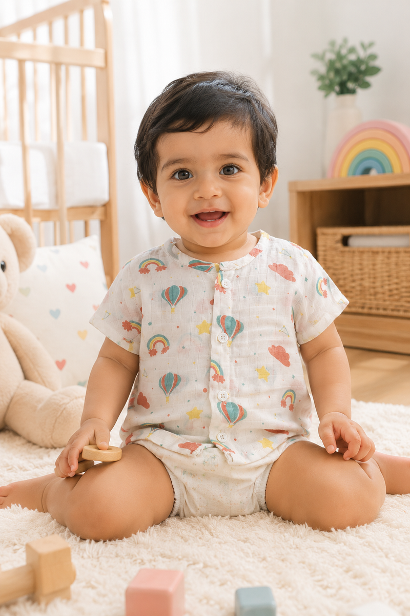 1 Pc Short Sleeve 90 GSM Checkered Muslin Jhabla Vest - Balloon