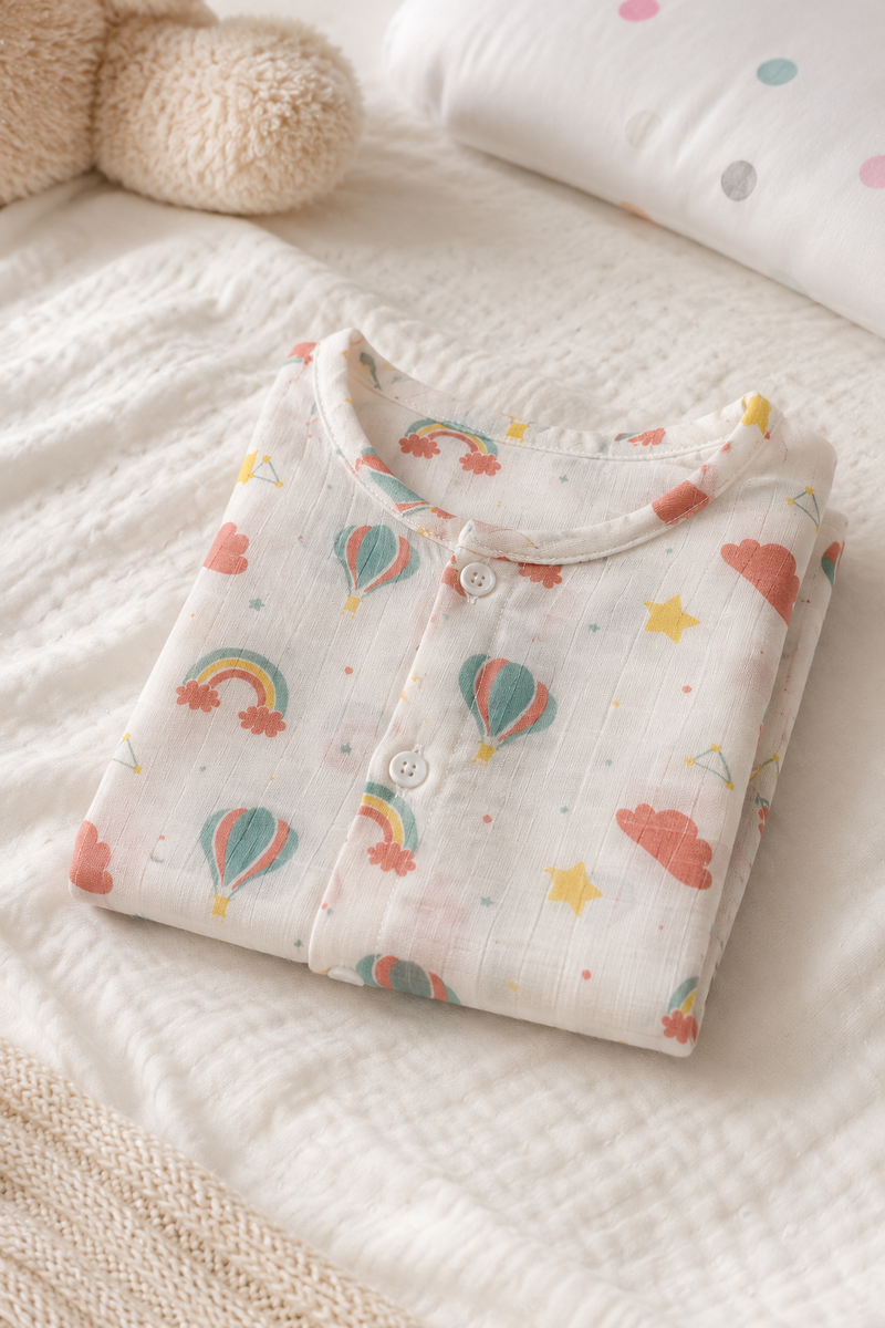 1 Pc Short Sleeve 90 GSM Checkered Muslin Jhabla Vest - Balloon