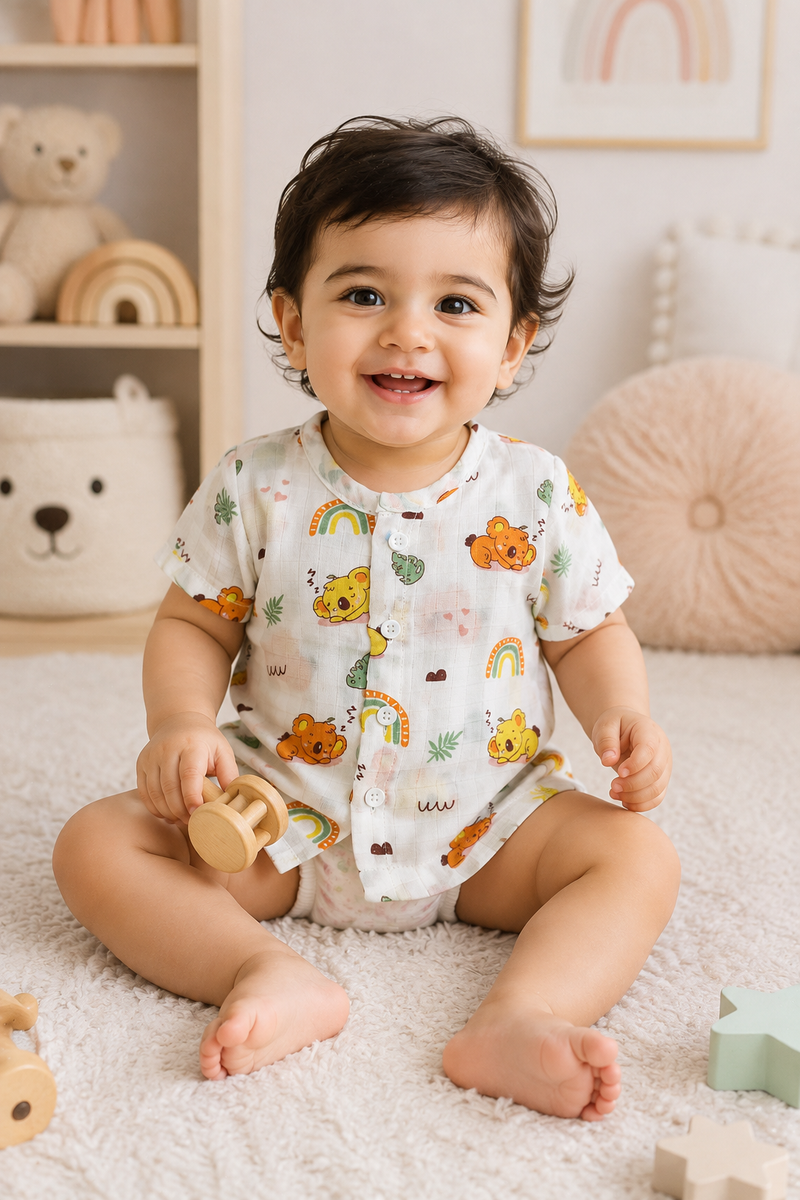 1 Pc Short Sleeve 90 GSM Checkered Muslin Jhabla Vest - Orange Koala