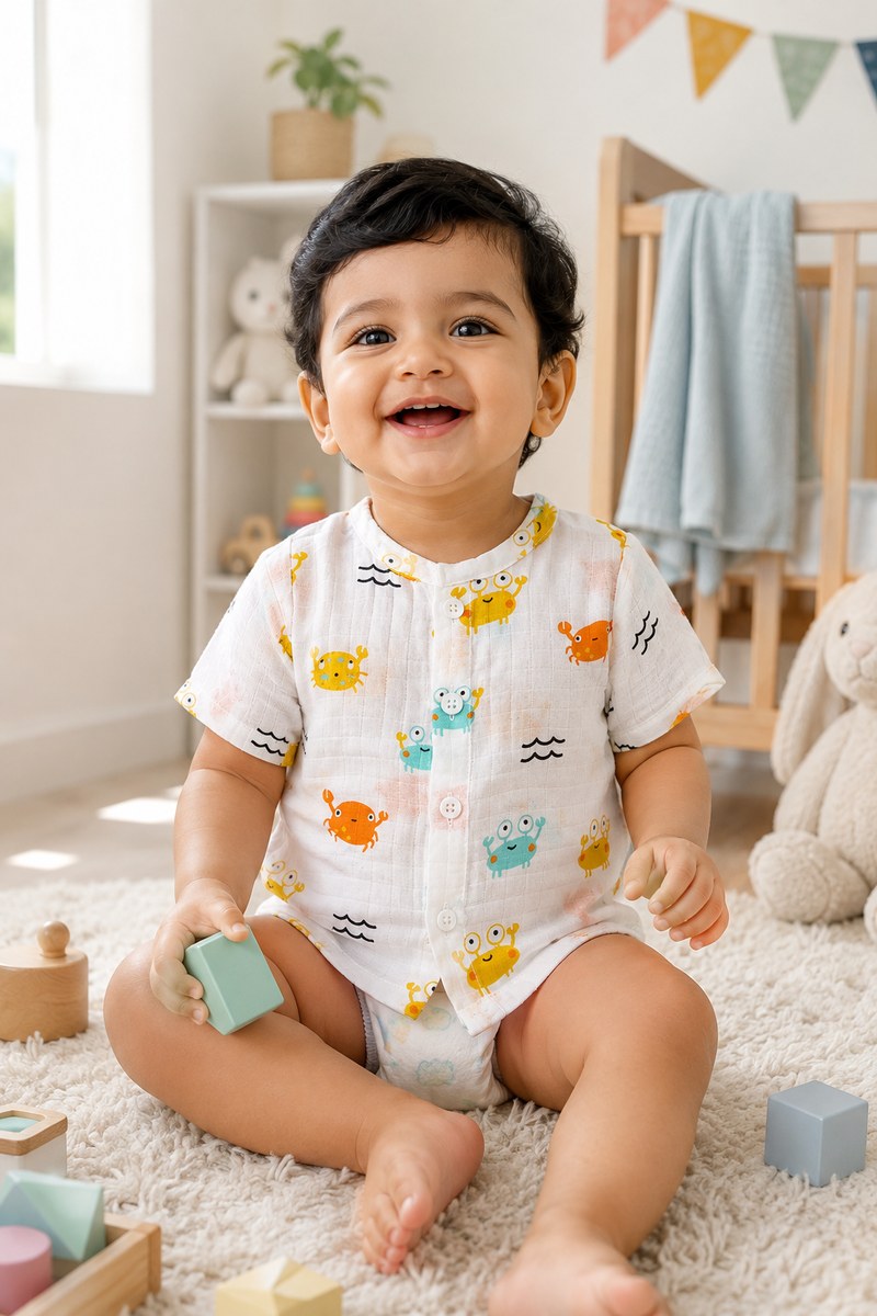 1 Pc Short Sleeve 90 GSM Checkered Muslin Jhabla Vest - Cute Crab