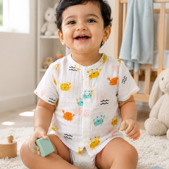 1 Pc Short Sleeve 90 GSM Checkered Muslin Jhabla Vest - Cute Crab