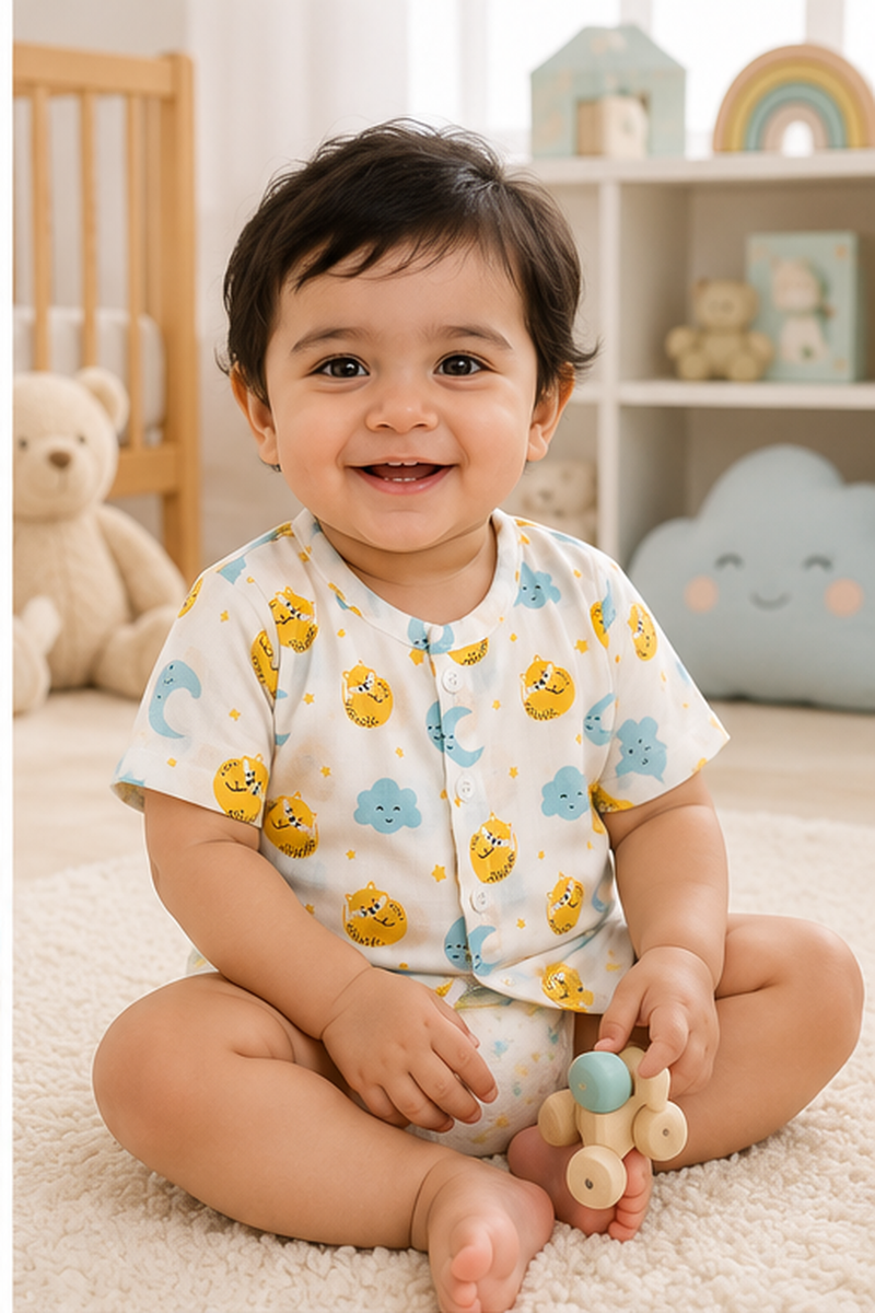1 Pc Short Sleeve 90 GSM Checkered Muslin Jhabla Vest - Sun Moon