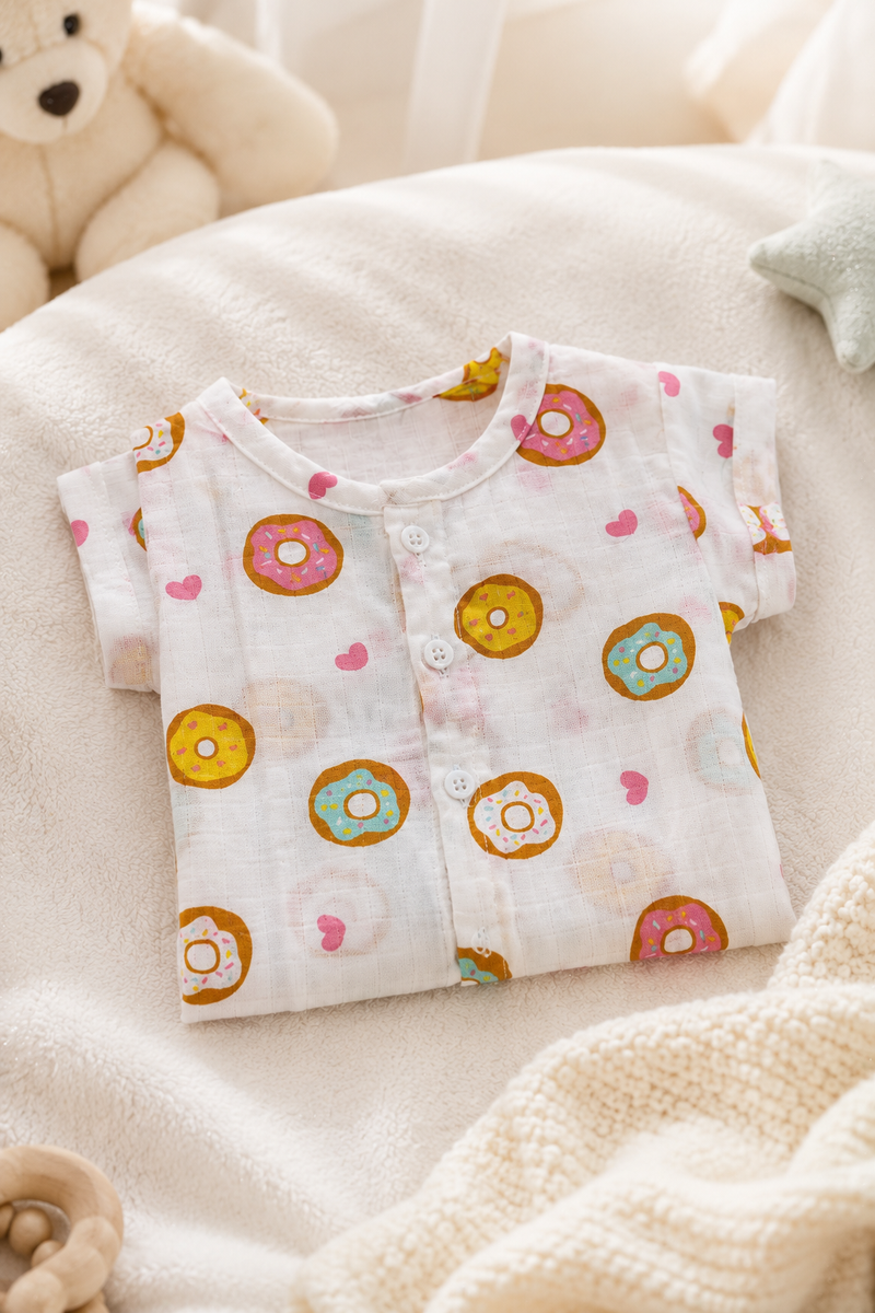 1 Pc Short Sleeve 90 GSM Checkered Muslin Jhabla Vest - Donuts