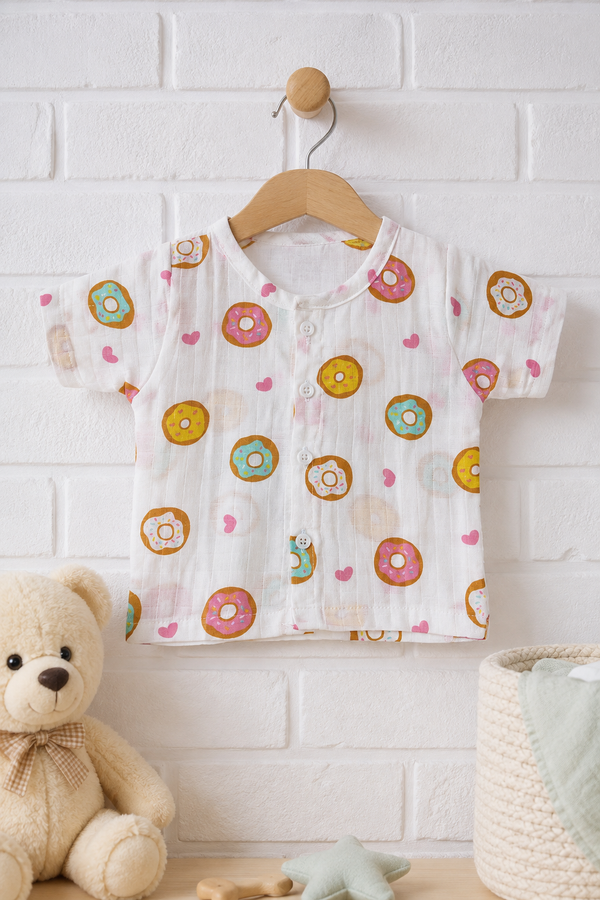 1 Pc Short Sleeve 90 GSM Checkered Muslin Jhabla Vest - Donuts