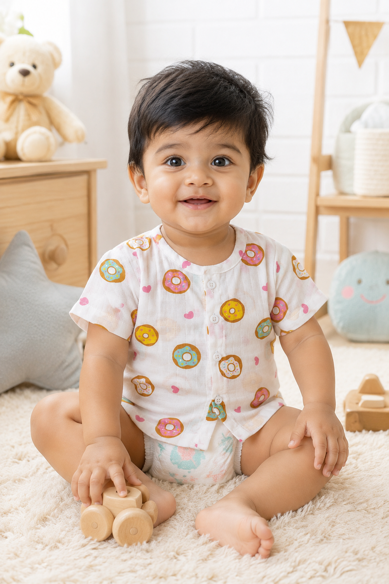 1 Pc Short Sleeve 90 GSM Checkered Muslin Jhabla Vest - Donuts