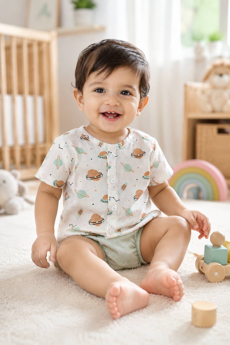 1 Pc Short Sleeve 90 GSM Checkered Muslin Jhabla Vest - Satellite
